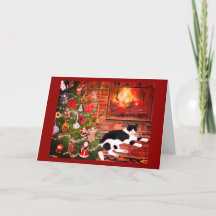 Cat Front of Warm Burning Fireplace Christmas Tree