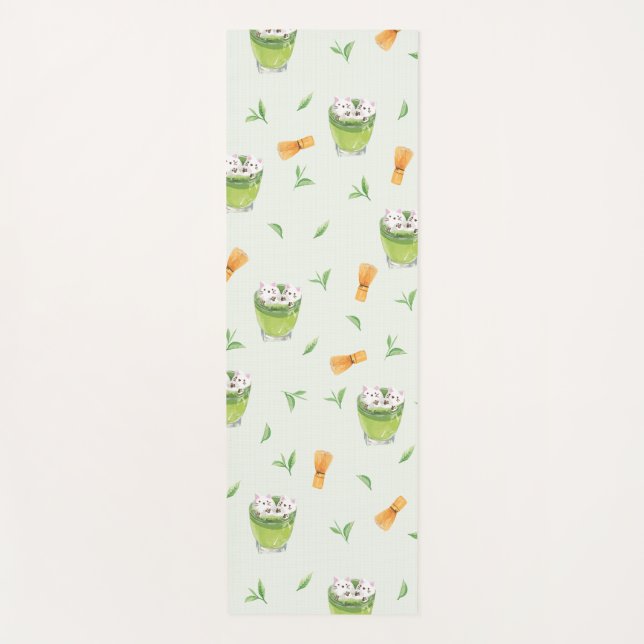 Cat Froth Matcha Green Tea Pattern Yoga Mat (Front)