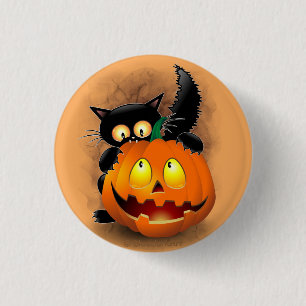 Cat Fun Halloween Character biting a Pumpkin   1 Inch Round Button
