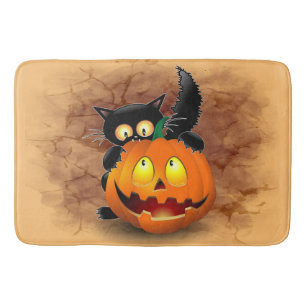Cat Fun Halloween Character biting a Pumpkin Bath Mat
