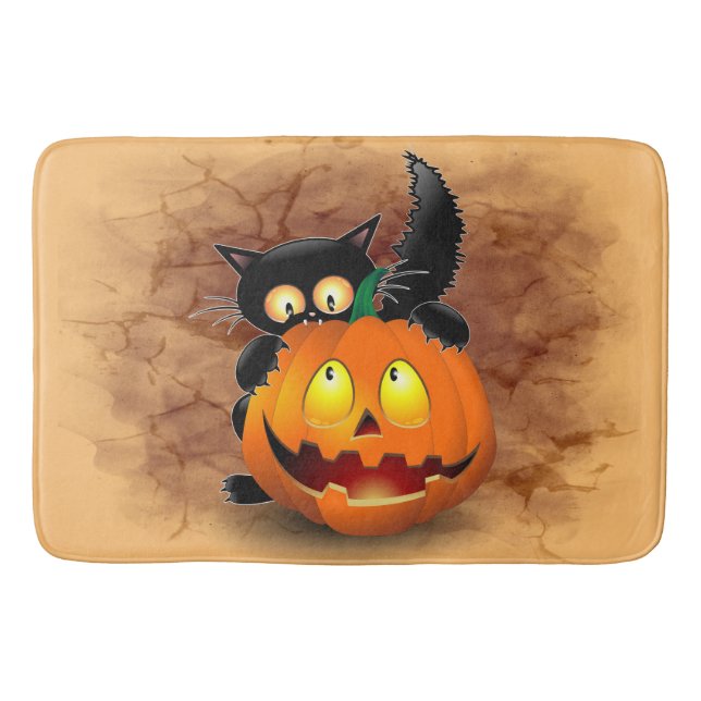 Cat Fun Halloween Character biting a Pumpkin Bath Mat (Front)