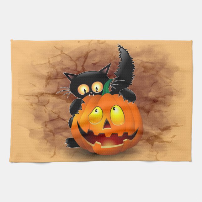 Cat Fun Halloween Character biting a Pumpkin Kitchen Towel (Horizontal)