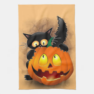 Cat Fun Halloween Character biting a Pumpkin Kitchen Towel