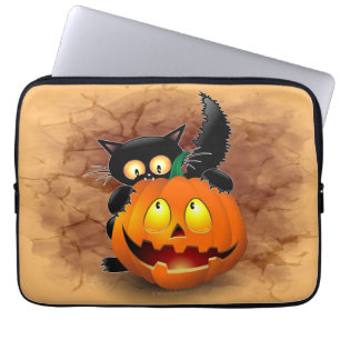 Cat Fun Halloween Character biting a Pumpkin Laptop Sleeve