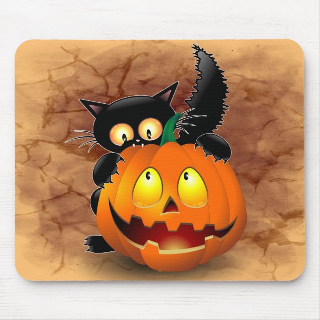 Cat Fun Halloween Character biting a Pumpkin Mouse Pad (Front)