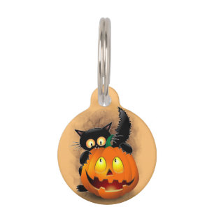 Cat Fun Halloween Character biting a Pumpkin Pet Tag