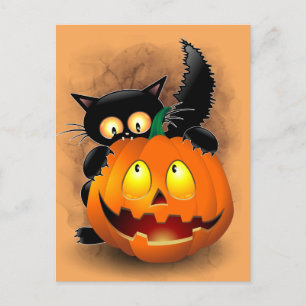 Cat Fun Halloween Character biting a Pumpkin  Postcard