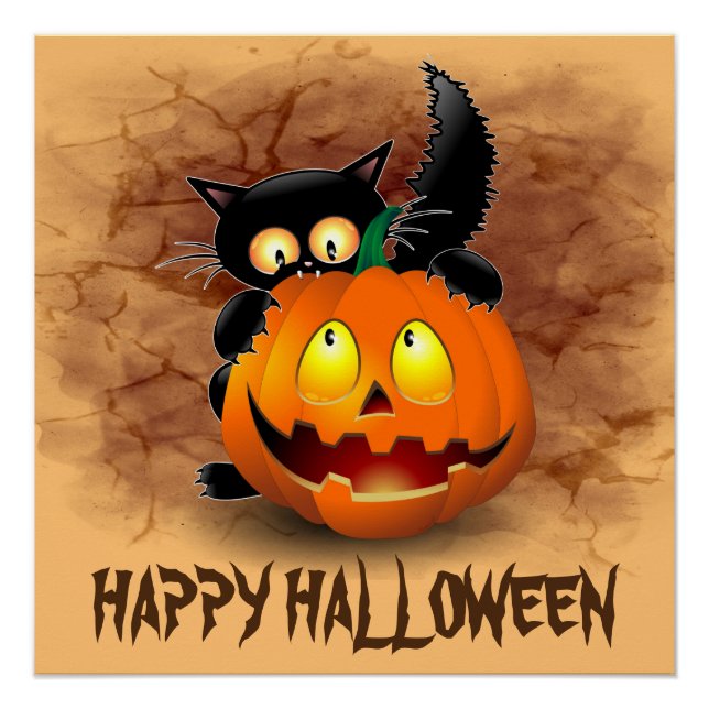 Cat Fun Halloween Character biting a Pumpkin Poster (Front)