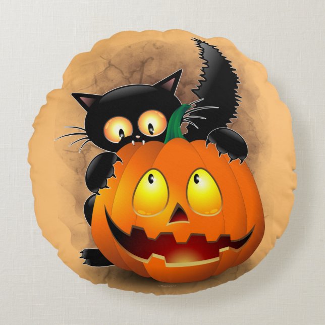 Cat Fun Halloween Character biting a Pumpkin  Round Pillow (Front)