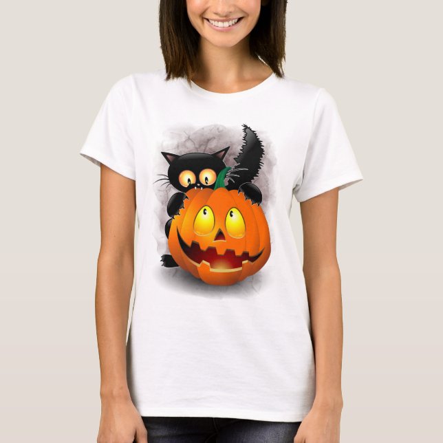 Cat Fun Halloween Character biting a Pumpkin T-Shirt (Front)