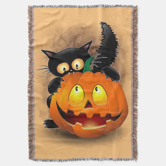 Cat Fun Halloween Character biting a Pumpkin Throw Blanket (Front Vertical)