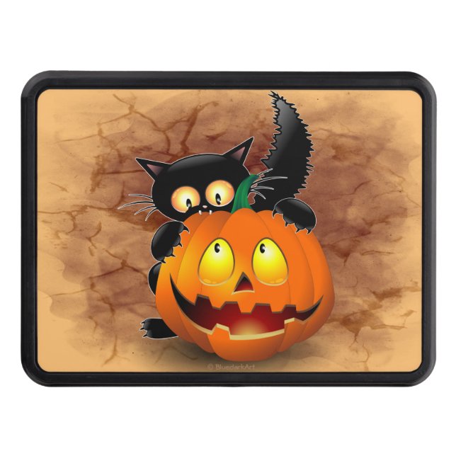 Cat Fun Halloween Character biting a Pumpkin  Trailer Hitch Cover (Front)