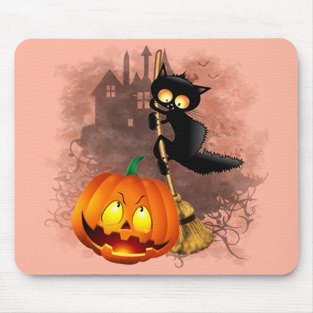 Cat Fun Halloween Character scared by a Pumpkin  Mouse Pad (Front)