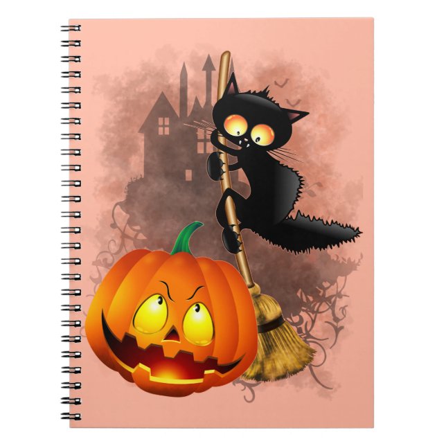 Cat Fun Halloween Character scared by a Pumpkin  Notebook (Front)