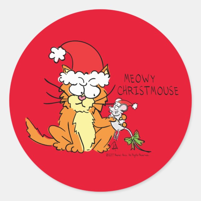 Cat Funny Christmas Cartoon Cute Mouse Classic Round Sticker (Front)