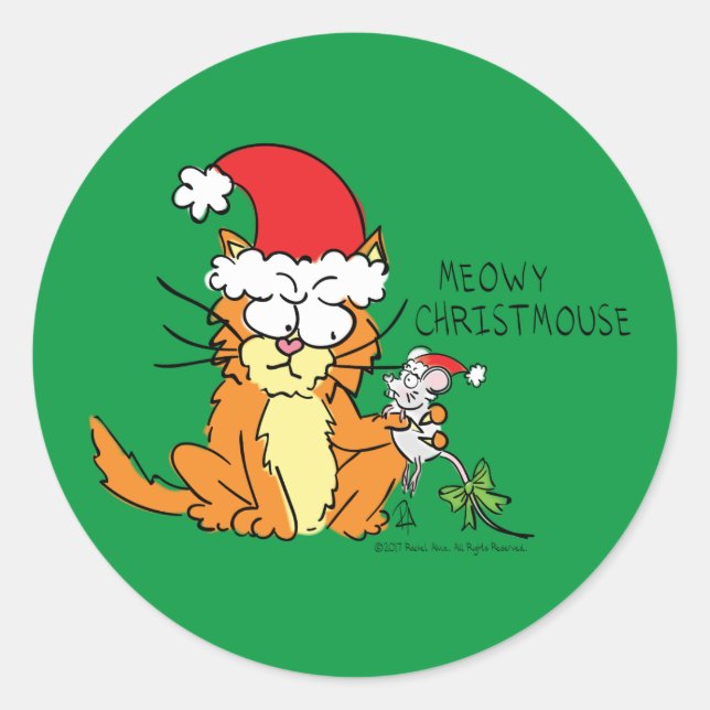 Cat Funny Christmas Cartoon Cute Mouse Classic Round Sticker (Front)