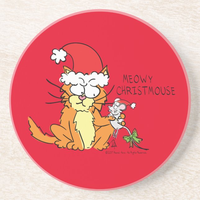 Cat Funny Christmas Cartoon Cute Mouse Coaster (Front)