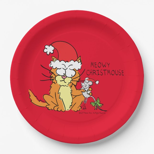 Cat Funny Christmas Cartoon Cute Mouse Paper Plate (Front)