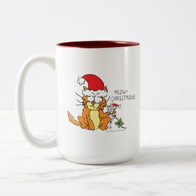 Cat Funny Christmas Cartoon Cute Mouse Two-Tone Coffee Mug (Left)