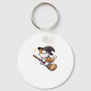 Cat Funny Witch Halloween Costume Broom Stick Boys Keychain