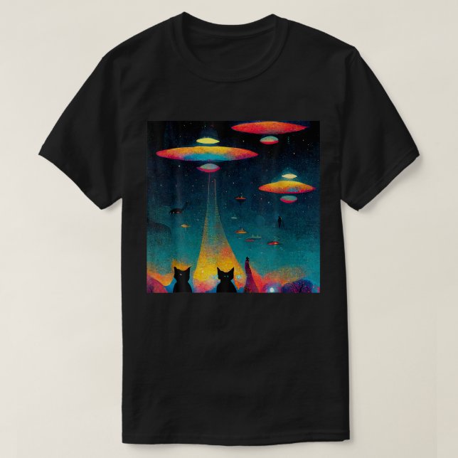 Cat Galaxy Ufo Cats Funny Cat Alien Invasion T-Shirt (Design Front)