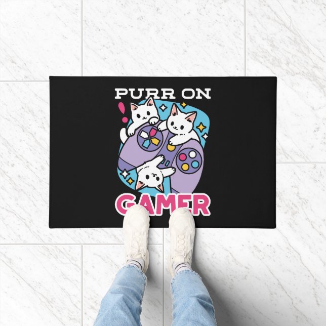  Cat Gamer Design - Purr On Gamer Joystick Art Doormat (Indoor)