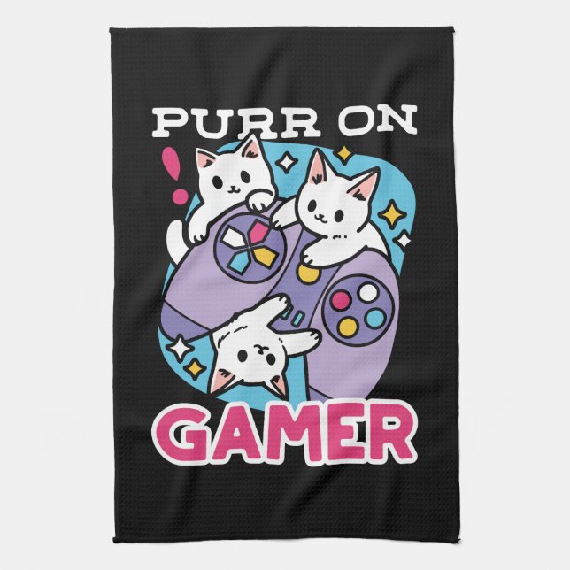  Cat Gamer Design - Purr On Gamer Joystick Art Kitchen Towel (Vertical)