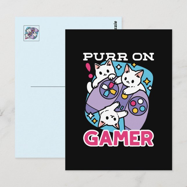  Cat Gamer Design - Purr On Gamer Joystick Art Postcard (Front/Back)