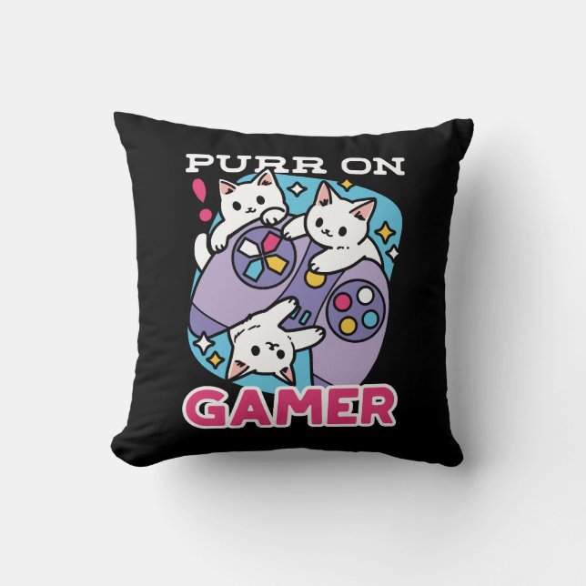  Cat Gamer Design - Purr On Gamer Joystick Art Throw Pillow (Front)