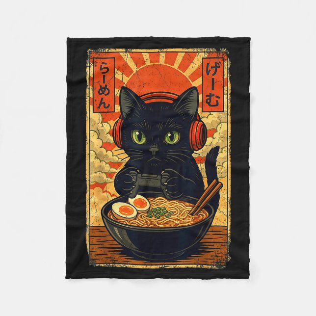 Cat Gamer Men Anime Kawaii Funny Gaming Headset Ca Fleece Blanket (Front)