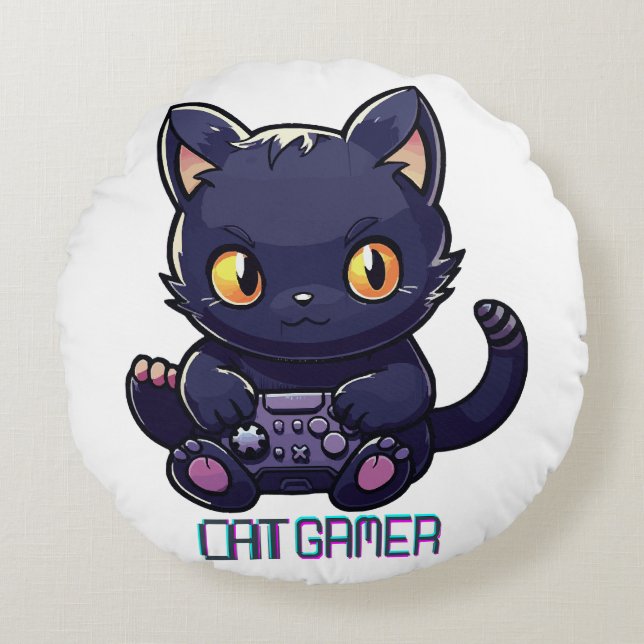 Cat Gamer Round Pillow (Front)
