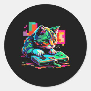 Cat Gaming 8-bit Gaming Cat Pixel Art Gamer Kitten Classic Round Sticker