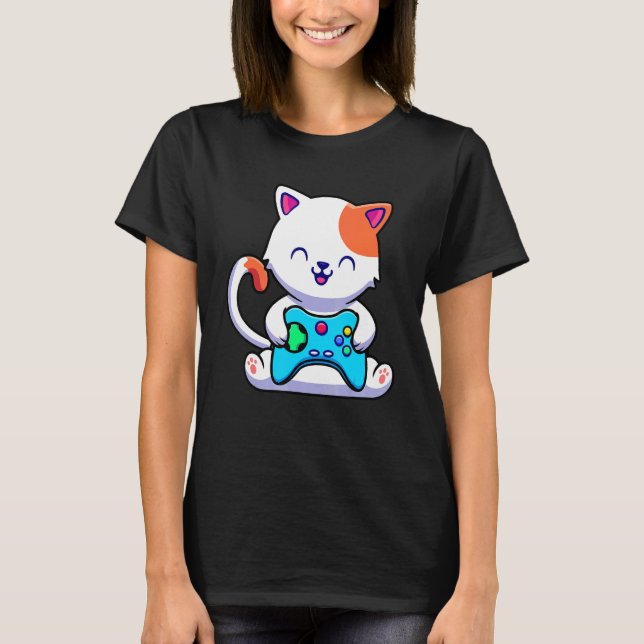 Cat Gaming With Game Console T-Shirt (Front)