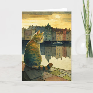 Cat Gazing at Danish Buildings Across Water Thank You Card