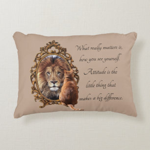 Cat Gazing Mirror Lion Inspirational Text Vintage Accent Pillow