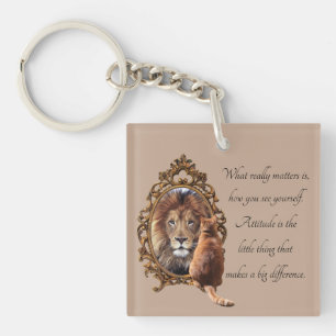Cat Gazing Mirror Lion Inspirational Text Vintage Keychain