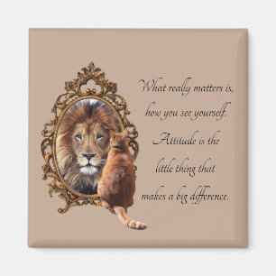 Cat Gazing Mirror Lion Inspirational Text Vintage Magnet