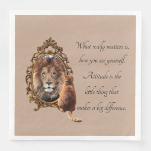 Cat Gazing Mirror Lion Inspirational Text Vintage Napkin