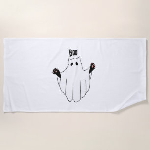 Cat Ghost Boo Halloween Funny Spooky Black Cat Beach Towel