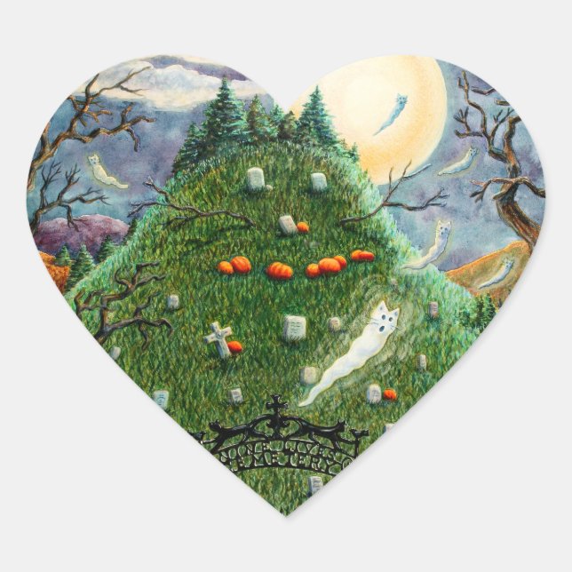 CAT GHOSTS IN NINE LIVES CEMETERY, SPOOKY FOLK ART HEART STICKER (Front)