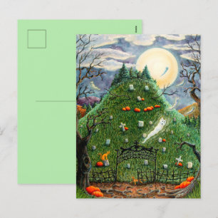 CAT GHOSTS IN NINE LIVES CEMETERY, SPOOKY FOLK ART HOLIDAY POSTCARD
