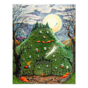 CAT GHOSTS IN NINE LIVES CEMETERY, SPOOKY FOLK ART PHOTO PRINT