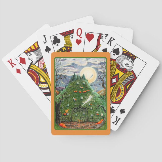CAT GHOSTS IN NINE LIVES CEMETERY, SPOOKY FOLK ART PLAYING CARDS (Back)