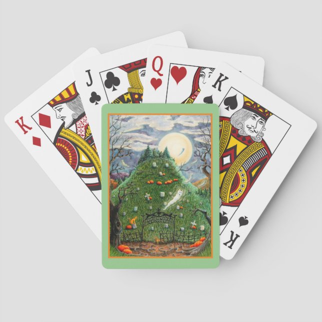 CAT GHOSTS IN NINE LIVES CEMETERY, SPOOKY FOLK ART PLAYING CARDS (Back)