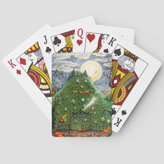CAT GHOSTS IN NINE LIVES CEMETERY, SPOOKY FOLK ART PLAYING CARDS (Back)