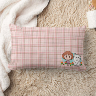 cat, girl and tulips throw pillow