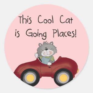 Cat Going Places Red Car tshirts and Gifts Classic Round Sticker