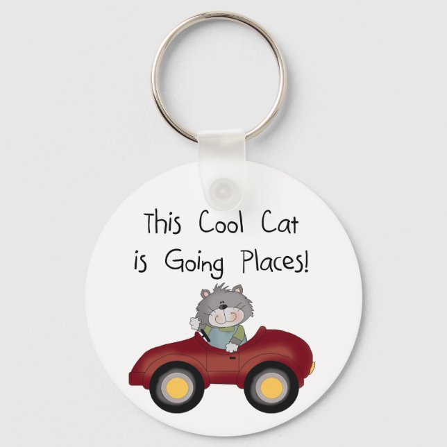 Cat Going Places Red Car tshirts and Gifts Keychain (Front)
