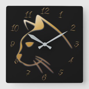 Cat gold silhouette square wall clock