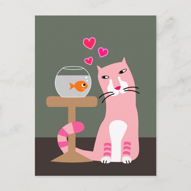 Cat & Goldfish Valentine Holiday Postcard (Front)